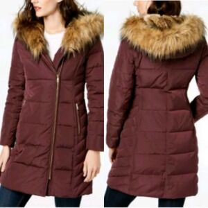Cole Haan Purple Fur Hooded Quilted Puffer Coat Medium NEW Asymmetrical Pockets